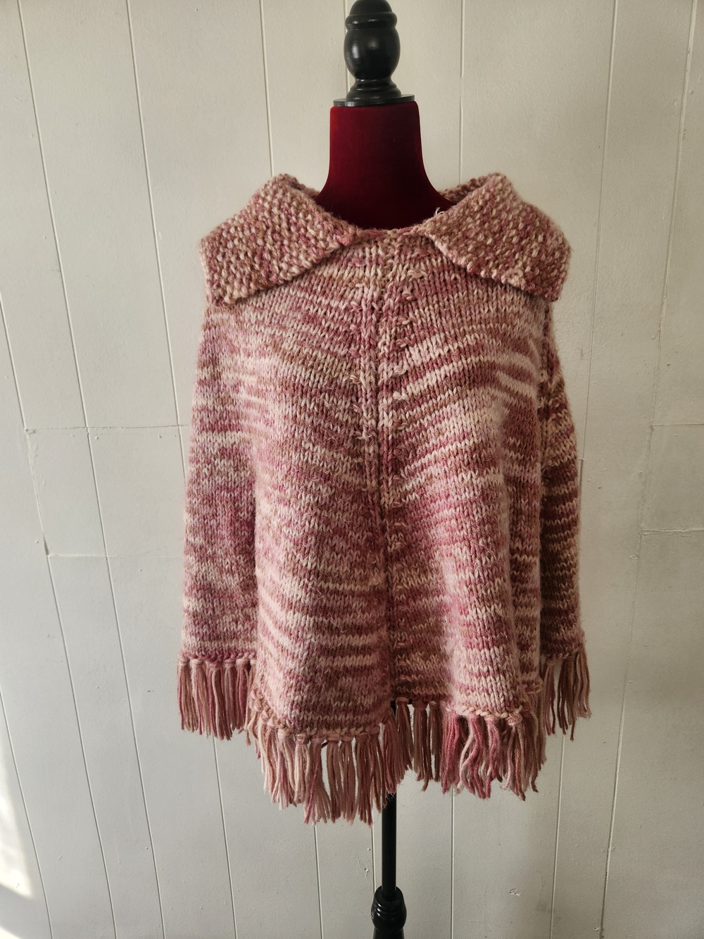 Cozy Pink Marled Fringe Knit Poncho with Collar Casual 90s Y2k Boho Chic Layer